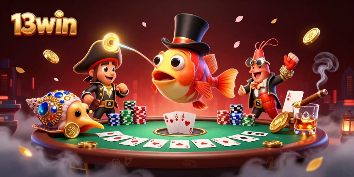 Experience the thrill of 13win with vibrant characters and casino elements in an engaging 3D illustration.