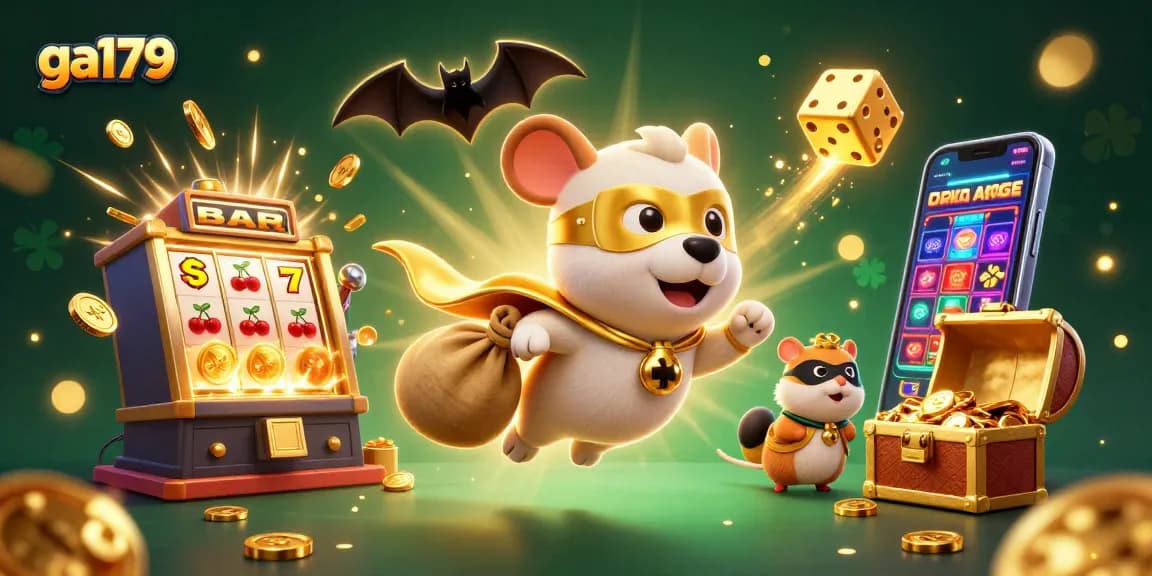 Experience thrilling wins at ga179 with a vibrant illustration of casino treasures, superheroes, and dynamic gaming elements.