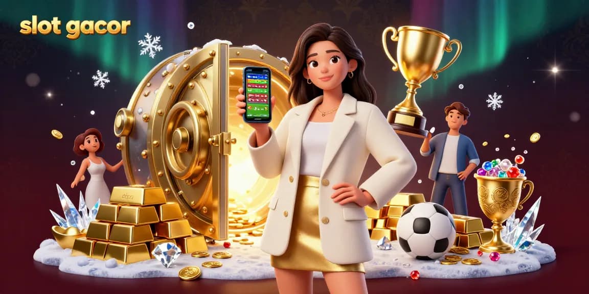 Engage with slot gacor online as a beautiful Asian woman explores a sports betting app surrounded by treasures.