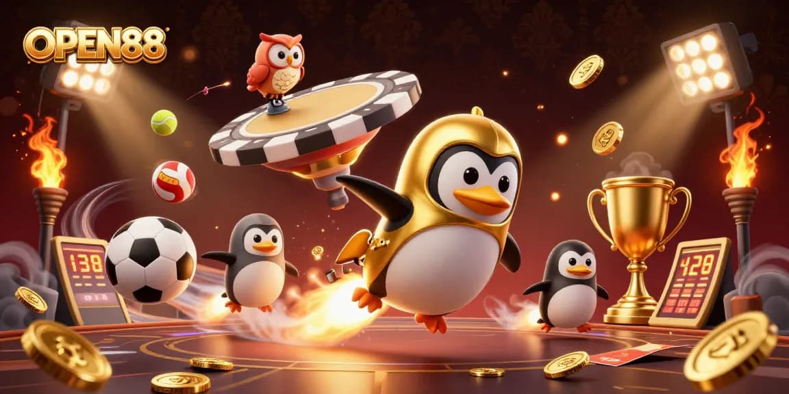 Experience the thrill of OPEN88 with a golden penguin racing towards a casino space station amidst dynamic betting elements.