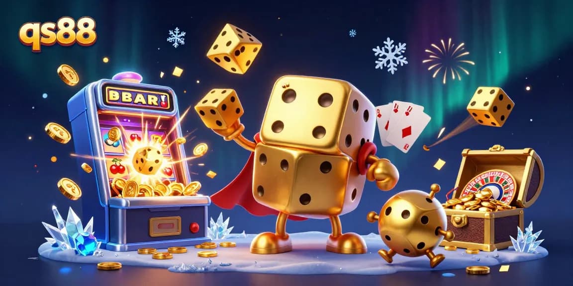 Experience exciting qs88 casino adventures with a golden dice golem in a vibrant 3D illustration.