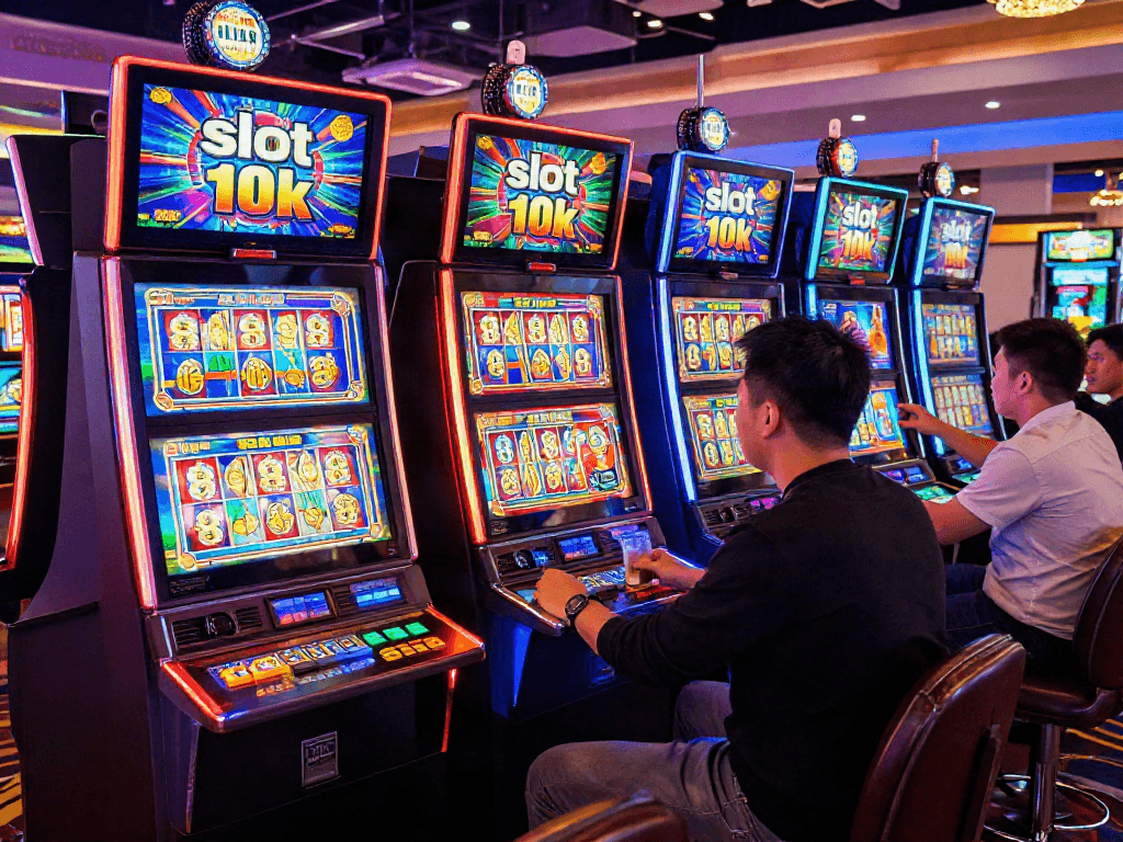 Engrossed players enjoying slot 10k games in a lively casino atmosphere.