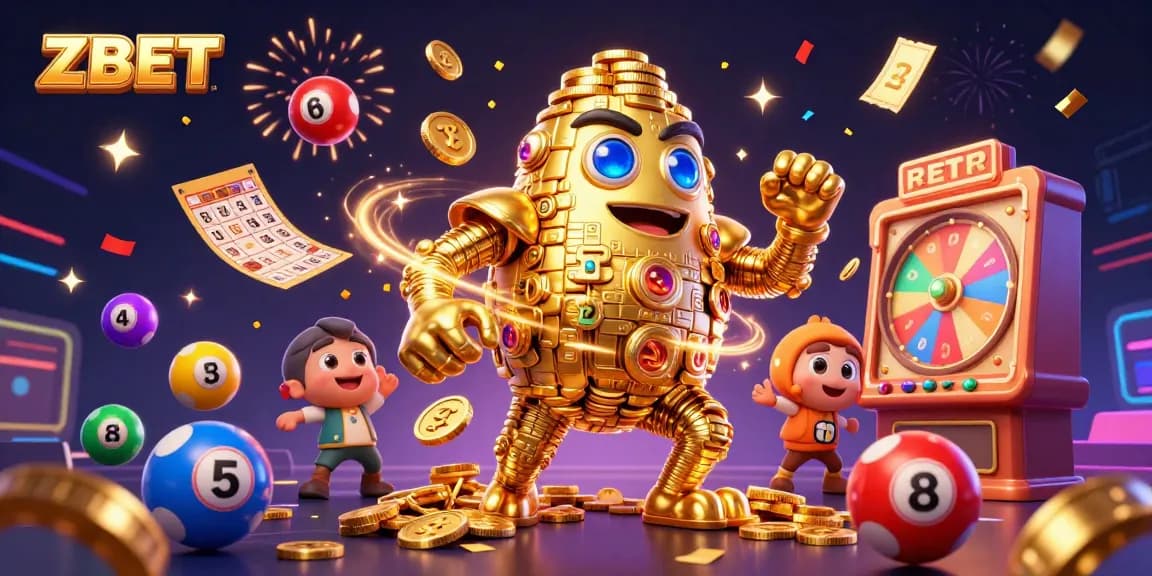 ZBET showcases an energetic golden golem surrounded by exciting gambling elements in a vibrant casino atmosphere.