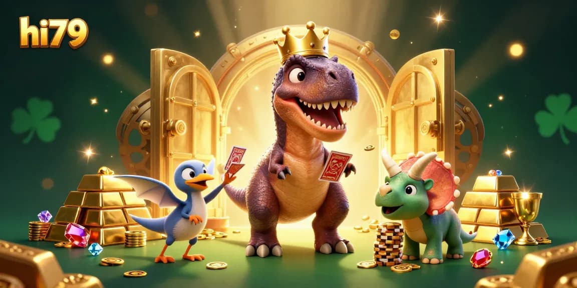 Win big with hi79 at this vibrant 3D casino illustration featuring playful dinosaurs and lavish treasures