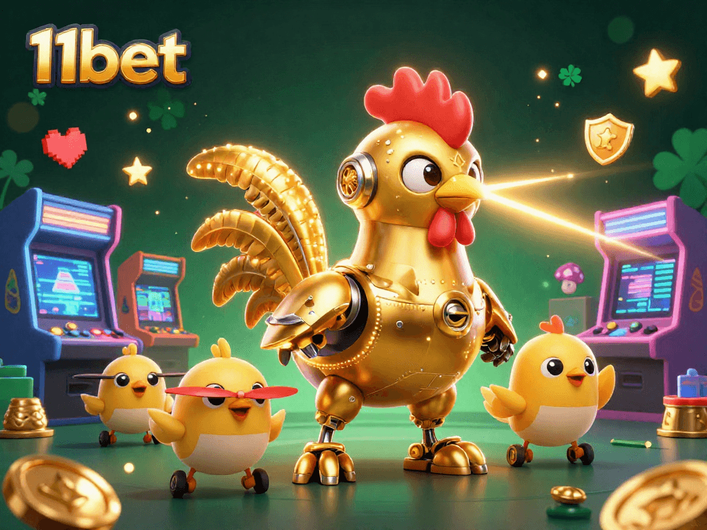 Experience thrilling gameplay with 11bet featuring a golden rooster robot and vibrant arcade elements.