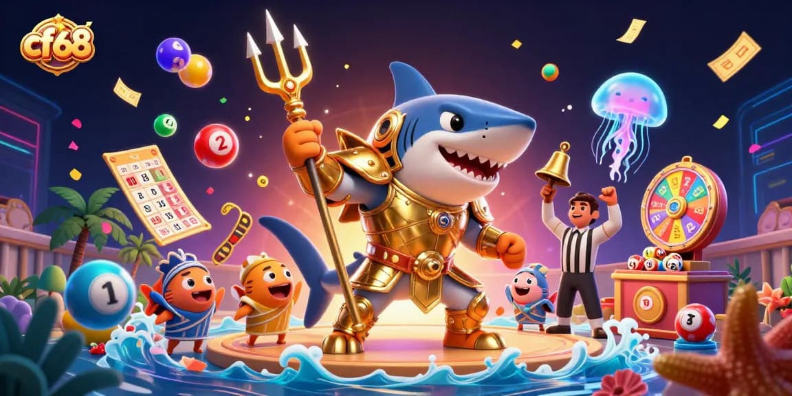 cf68 casino illustration featuring a shark in armor with lottery elements and vibrant decorations