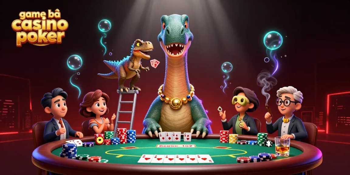 Experience thrilling game bài casino poker action with a brontosaurus dealer in a vibrant 3D casino setting.