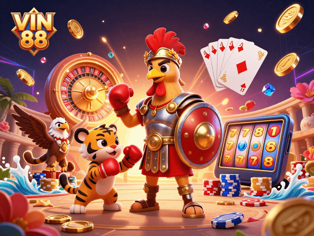 Experience thrilling action with VIN 88 as the cartoon gladiator rooster and cub showcase dynamic gameplay amidst golden coins and casino elements.