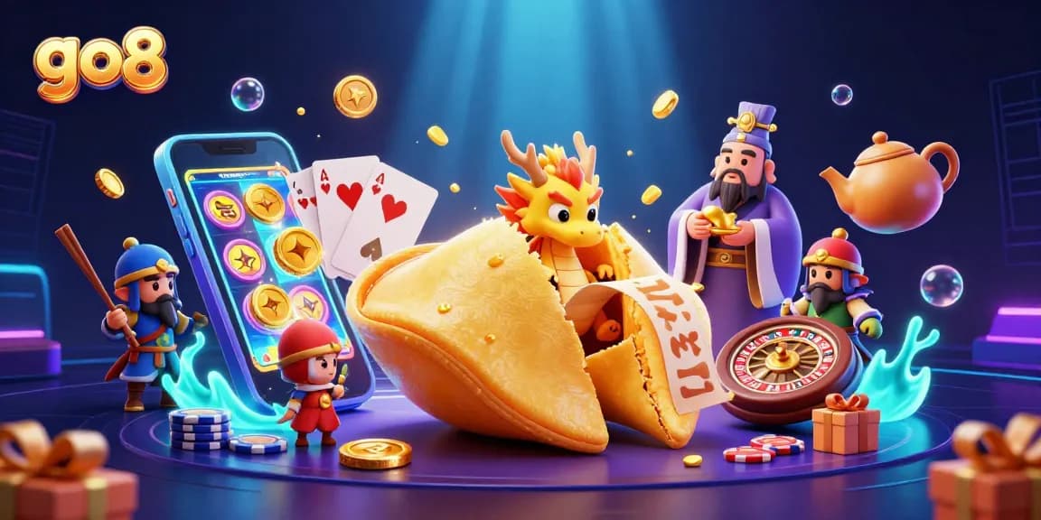 Engage in thrilling go8 gaming with a vibrant 3D casino scene showcasing fortune cookie heroes and spinning slot reels.