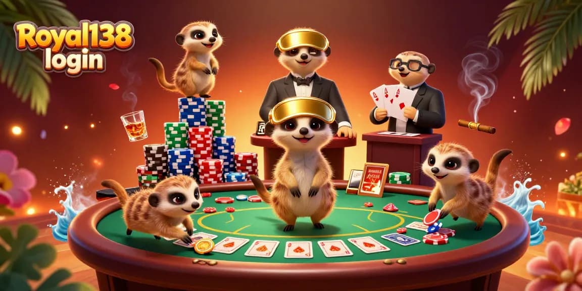 Menangkan permainan di Royal138 login dengan suasana kasino yang meriah dan animasi ceria para meerkat.