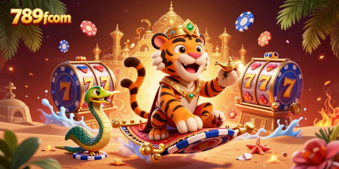 Experience the thrill of slots at 789fcom with a vibrant 3D illustration featuring a tiger sultan on a poker chip carpet.