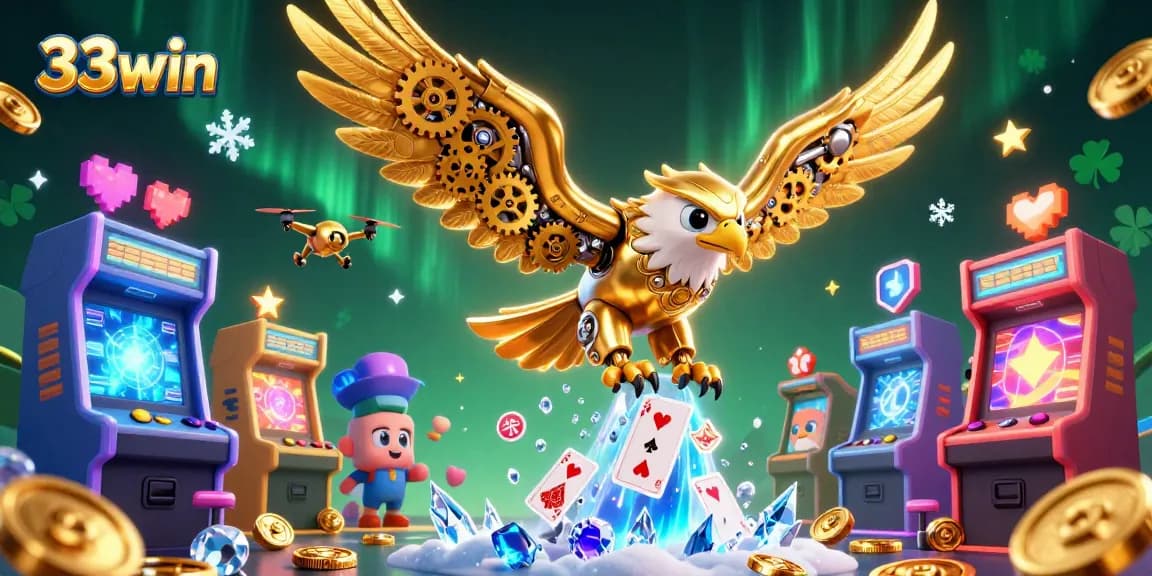 Experience thrilling 33win entertainment with a cybernetic eagle amid vibrant card cascades.
