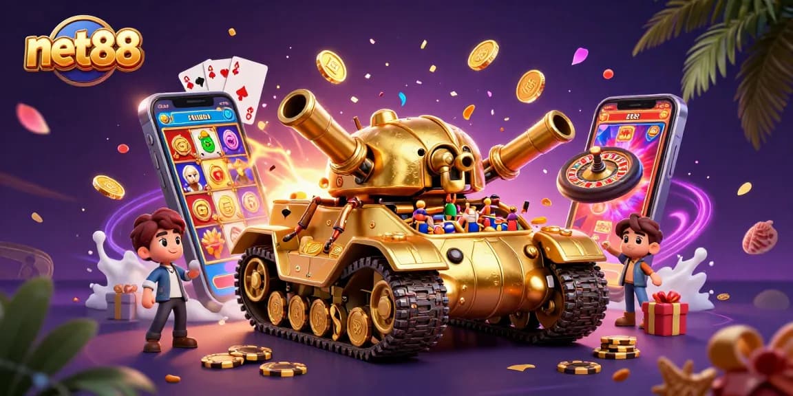 Engage with net88's thrilling casino experience through a colorful 3D digital scene.