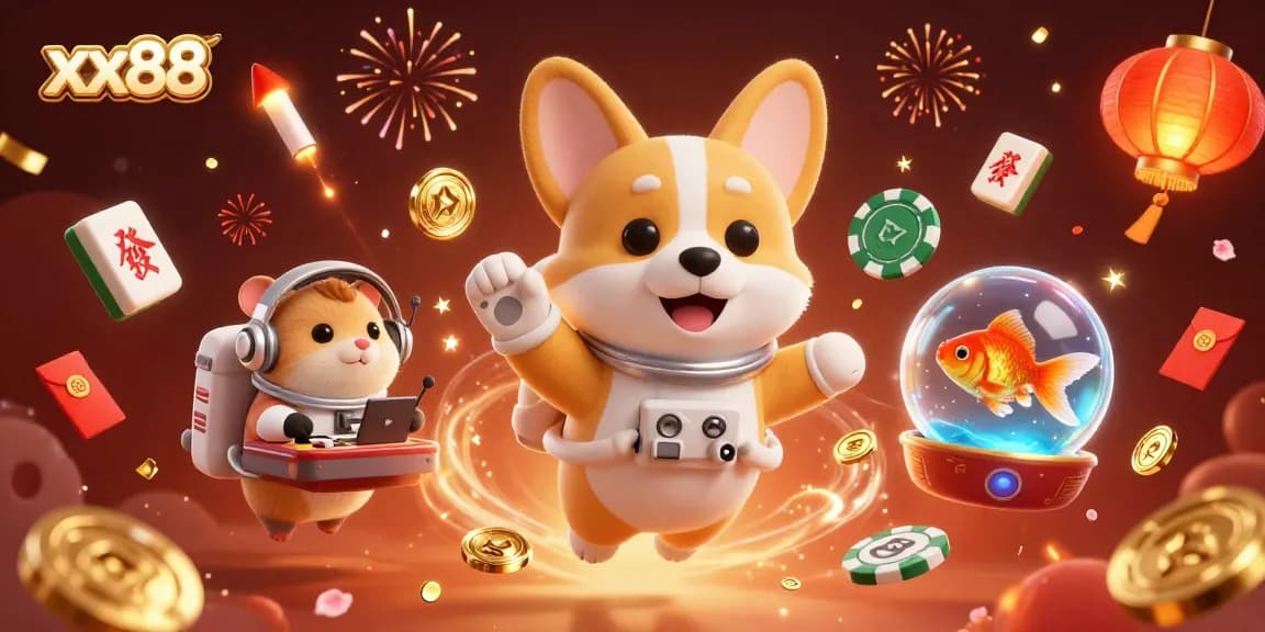 Experience thrilling gameplay at xx88 with a vibrant 3D casino scene featuring an astronaut corgi and floating treasures.