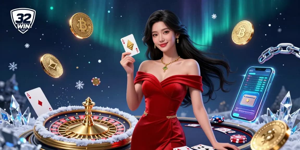 Experience the thrill of 32WIN with a beautiful Asian woman in red showcasing casino elements and crypto coins.