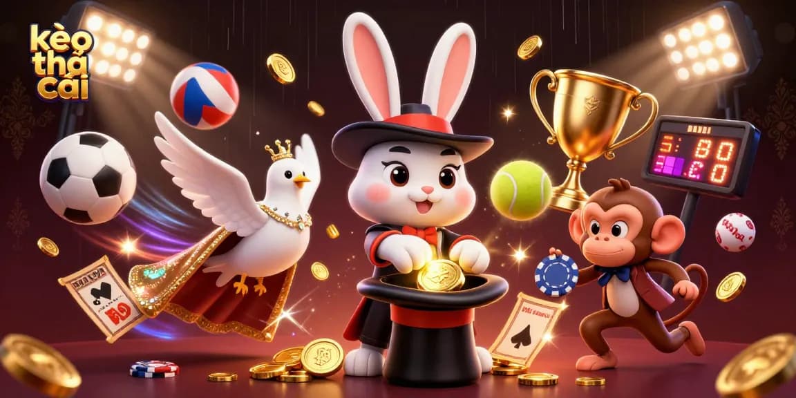 Engaging illustration of kèo nhà cái with a magician rabbit, glamorous dove, and mischievous monkey amidst sports elements.