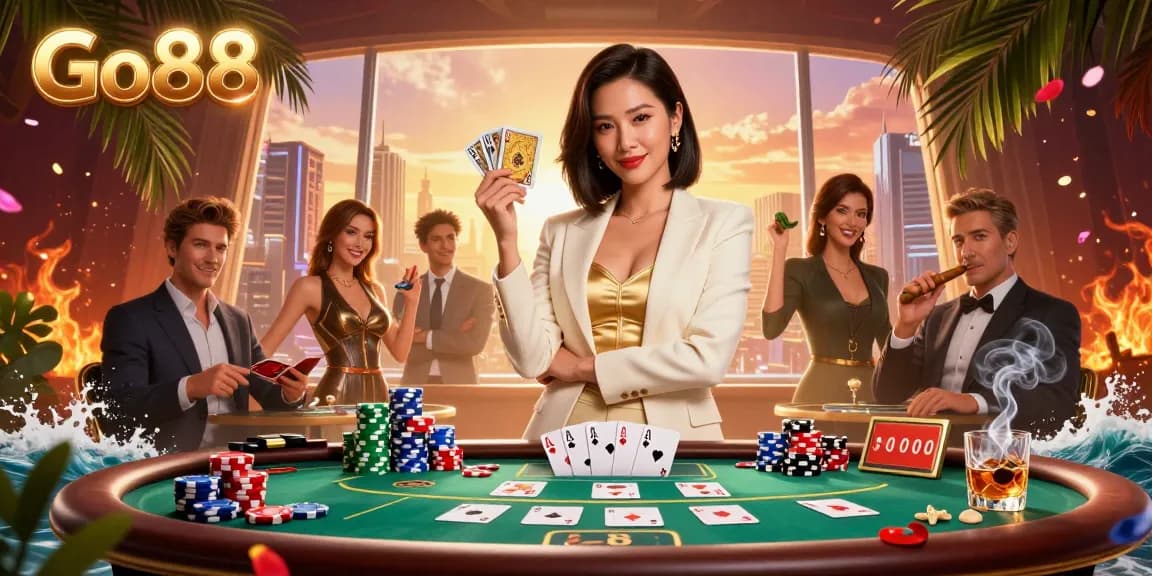 Experience the thrill of Go88 with a glamorous Asian businesswoman in a dynamic casino setting, showcasing excitement and elegance.