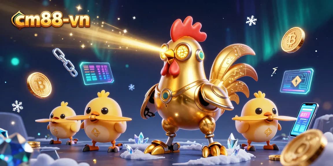 Engage with cm88-vn's dynamic casino world featuring a golden rooster robot and baby chick drones amidst vibrant crypto elements.