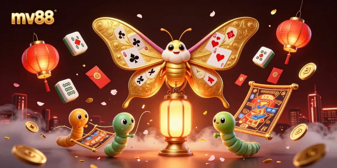 Experience vibrant casino scenes with the mv88, highlighted by a dynamic illustration of a moth radiating luck.
