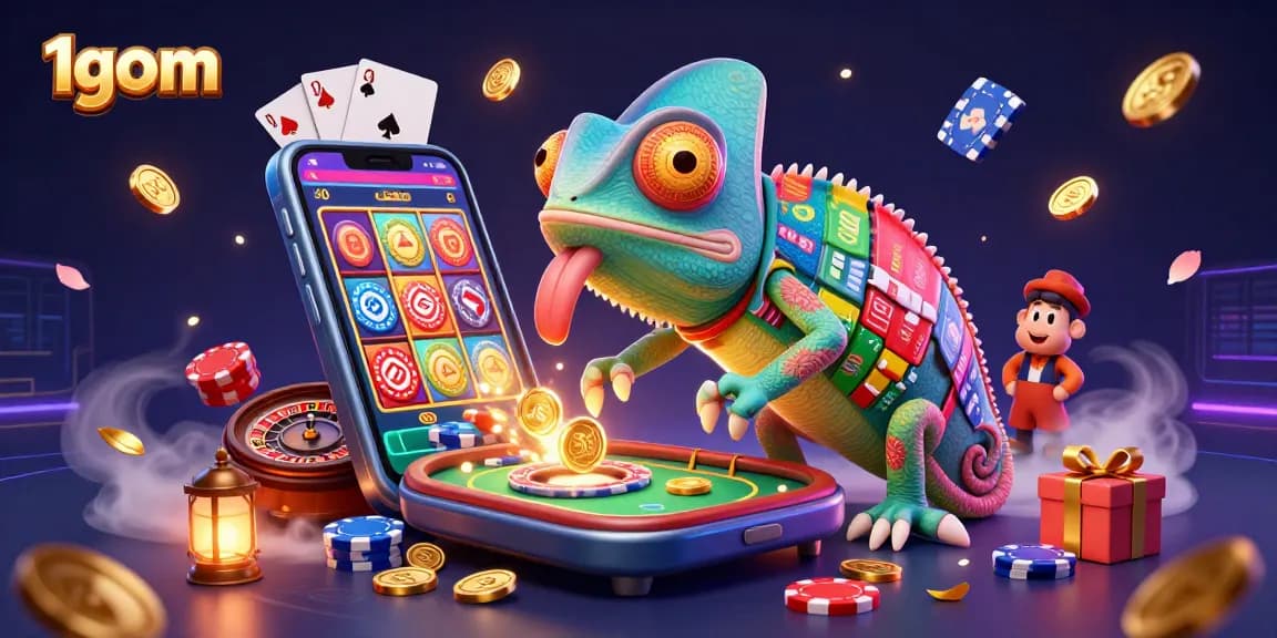 Engage with 1gom's vibrant casino scene full of slot games, golden coins, and poker excitement.