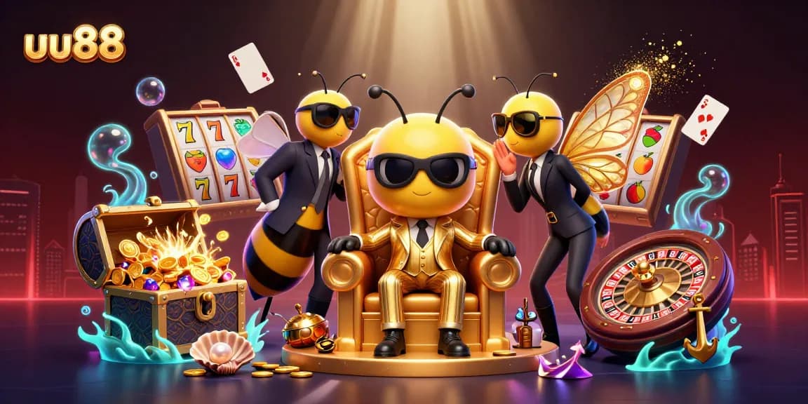 Engage in thrilling gaming action with uu88's vibrant casino scene featuring slot reels and playful characters.