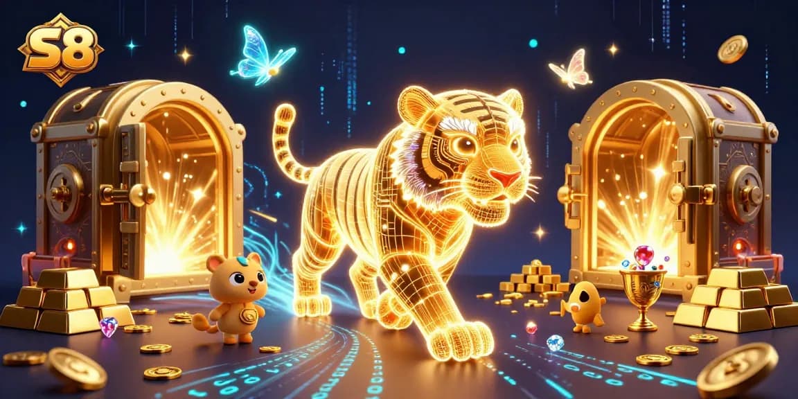 S8 players spin through a vibrant casino scene filled with gold, gems, and thrilling excitement.