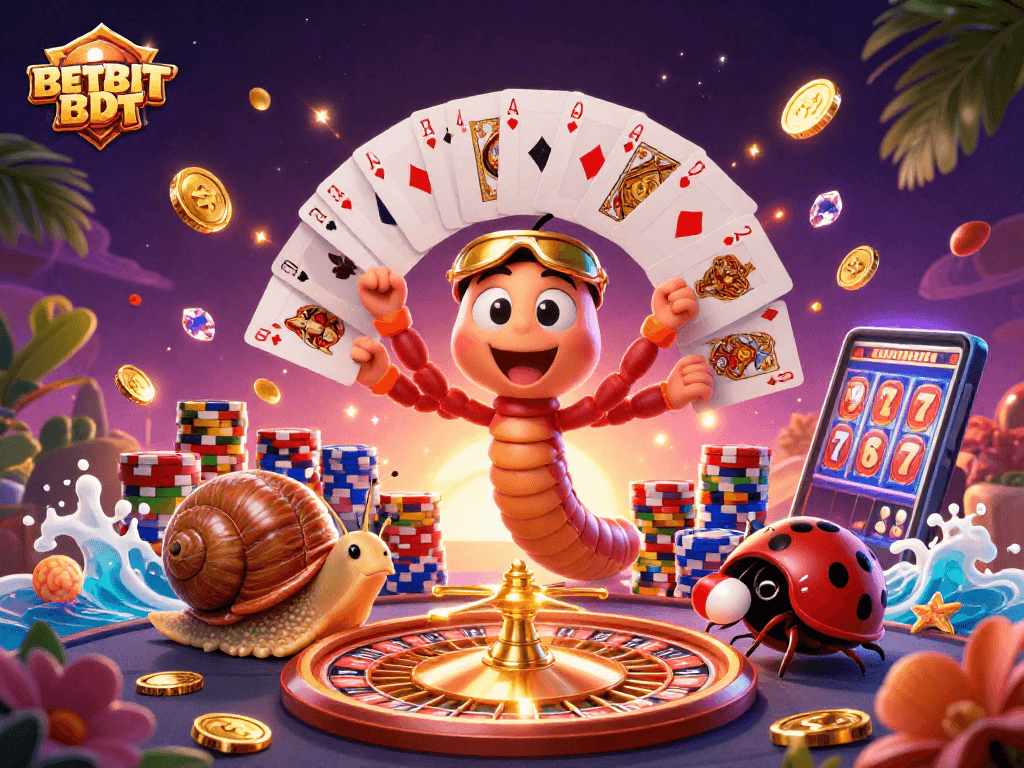 Experience thrilling gameplay at BETBDT with a vibrant casino illustration featuring a millipede dealer, chip stacks, and more.
