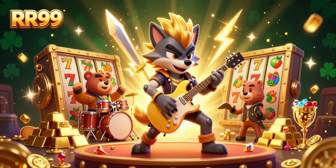 Win big at RR99 with an electrifying 3D casino scene featuring animated characters and vibrant slot games!