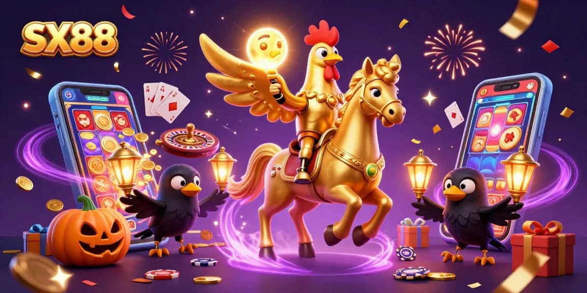 SX88 showcases a golden rooster headless horseman navigating a vibrant casino scene.
