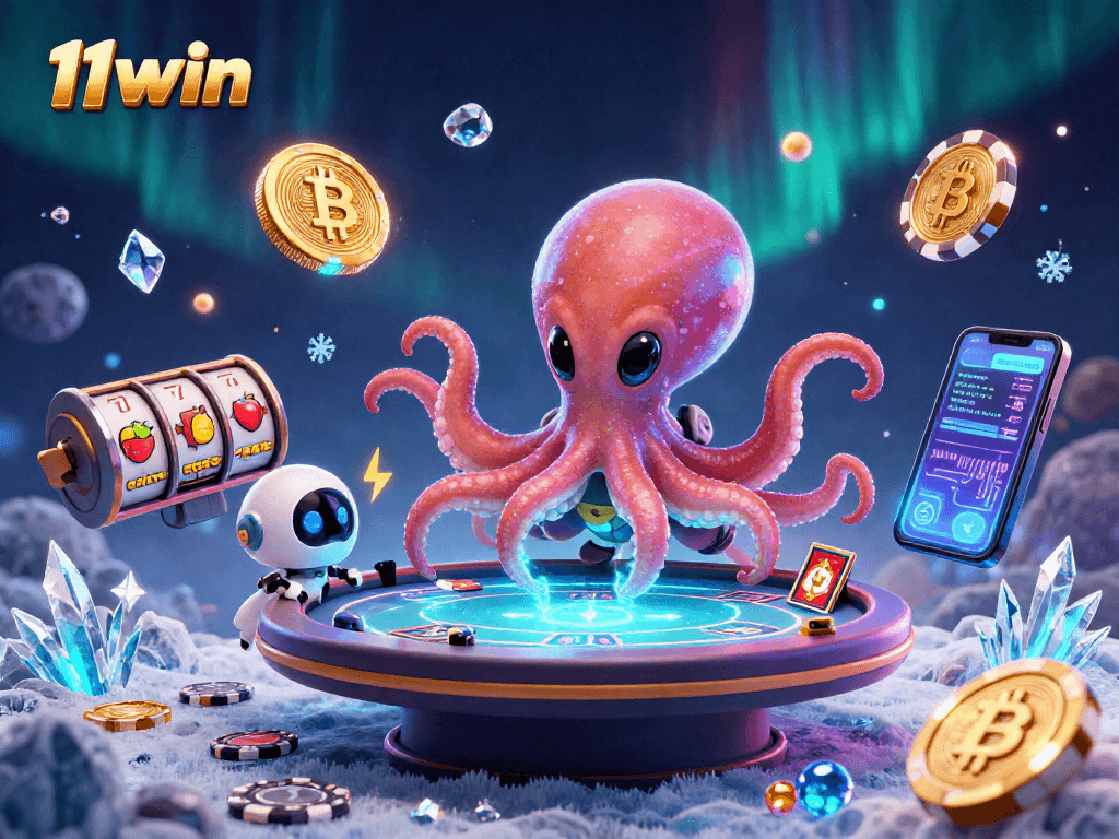 Engage with 11win's vibrant 3D casino scene featuring an alien octopus and crypto elements.