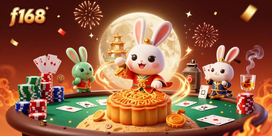 Experience the thrill of f168 with a rabbit pounding mooncakes revealing poker chips among festive casino elements.