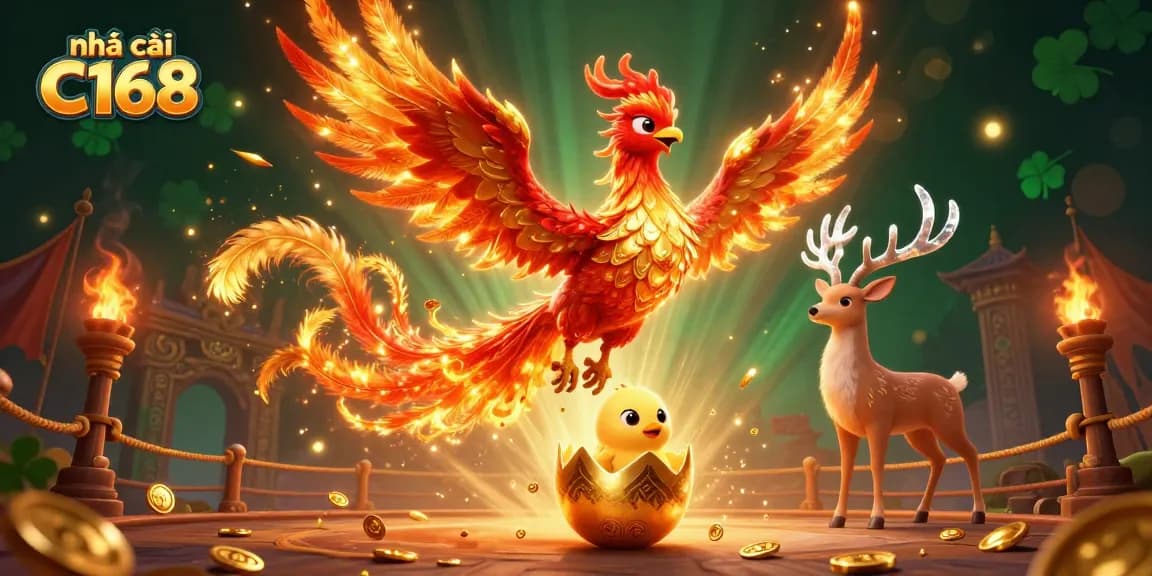 Play with epic excitement at nhà cái C168, featuring a phoenix and rich casino elements.