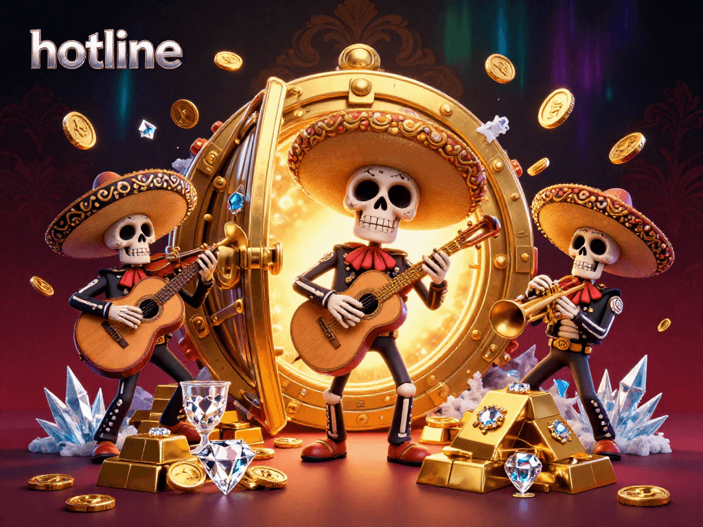 Experience winning with hotline in a vibrant casino scene featuring skeleton mariachi musicians surrounded by gold treasures.