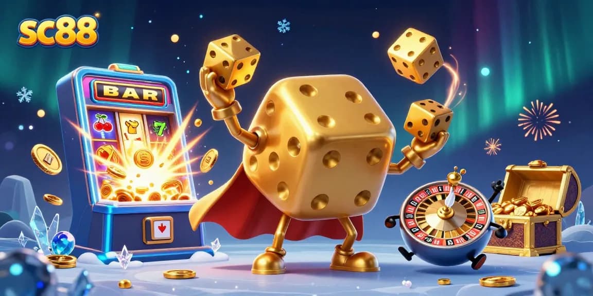 sc88 showcases a vibrant 3D casino scene featuring a golden dice golem juggling dice amidst a jackpot explosion.