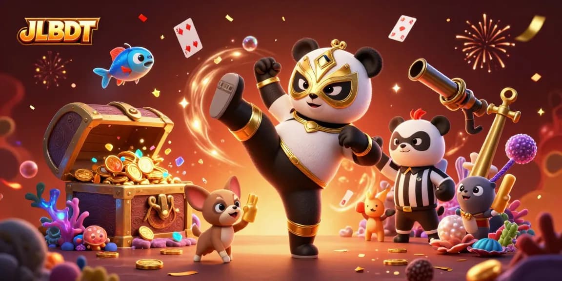 Experience thrilling action in JLBDT with a vibrant 3D illustration of a panda wrestler and exciting casino elements.