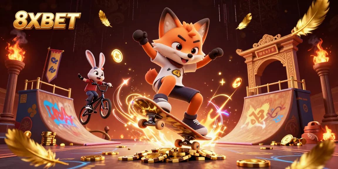 Experience thrilling action with the 8XBET fox and rabbit in a vibrant casino scene showcasing their skills.