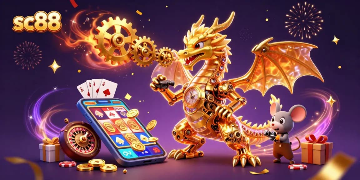 Win big with sc88's dynamic casino gaming, featuring a golden dragon and vibrant slot reels.
