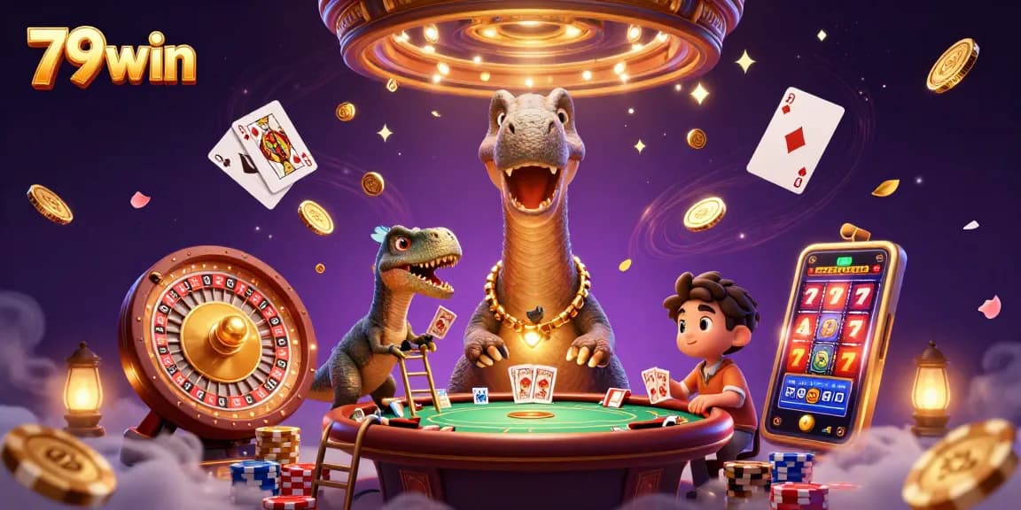 79win casino scene with a cartoon brontosaurus, raptor dealer, and dynamic game elements.