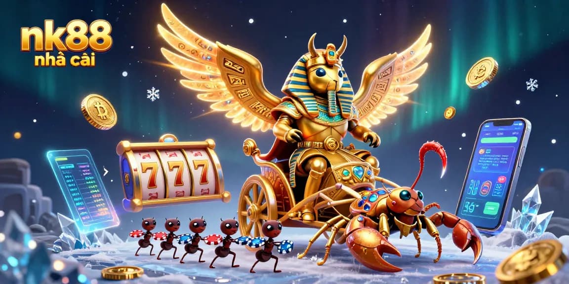 Engage in thrilling gameplay at nk88 nhà cái with golden scarab and vibrant casino elements.