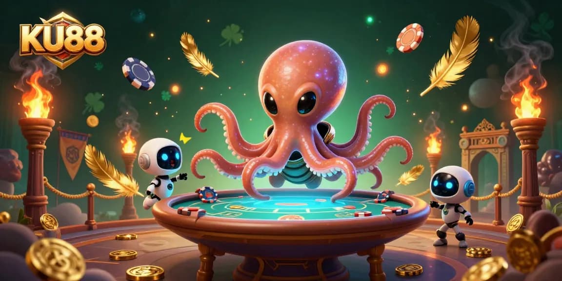 Experience thrilling poker action with KU88 in a vibrant 3D illustration of alien casino elements.