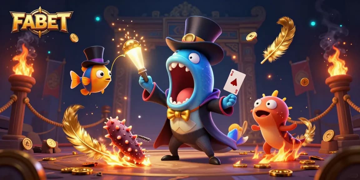 Engage in the thrilling world of FABET with vibrant characters performing magic tricks amidst a rich casino atmosphere.