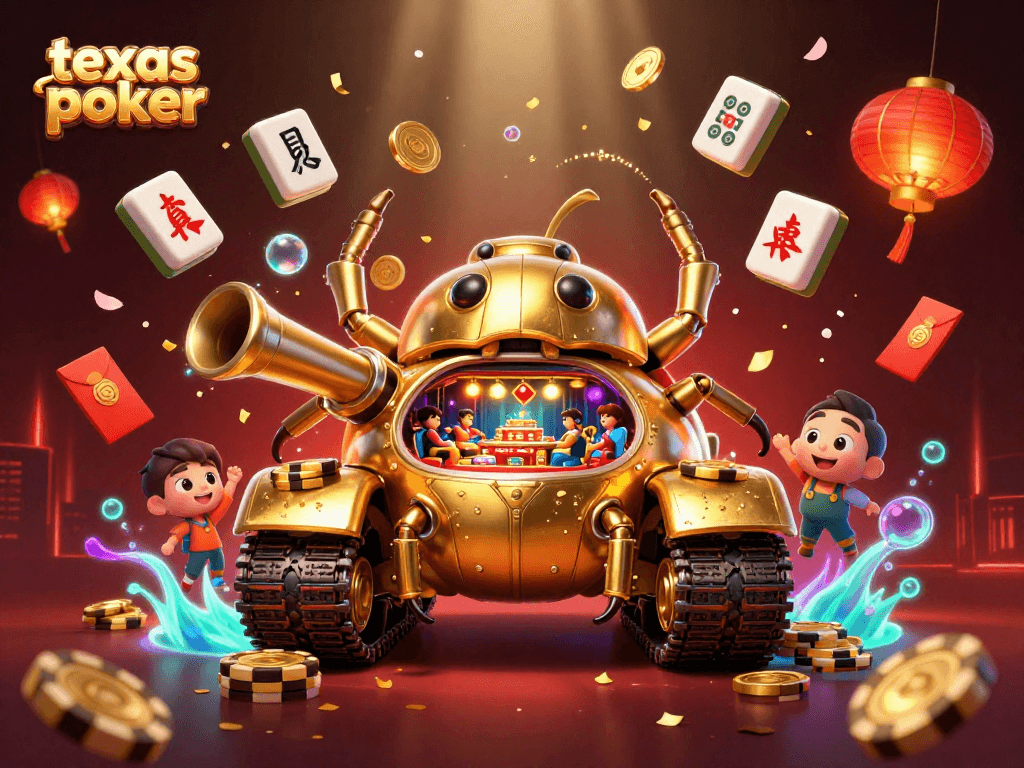 Experience the thrill of texas poker with a vibrant 3D illustration of a massive golden beetle tank casino, filled with dynamic game elements.
