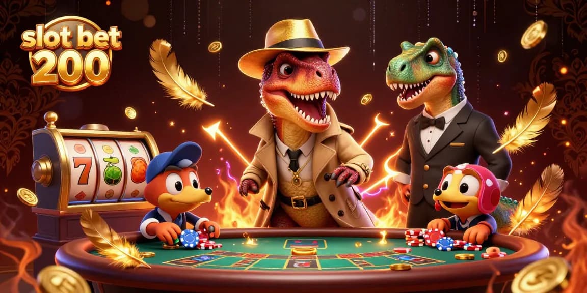 Menggunakan slot bet 200, pemain beraksi di meja kasino dengan karakter dinosaurus, menambah keseruan permainan.