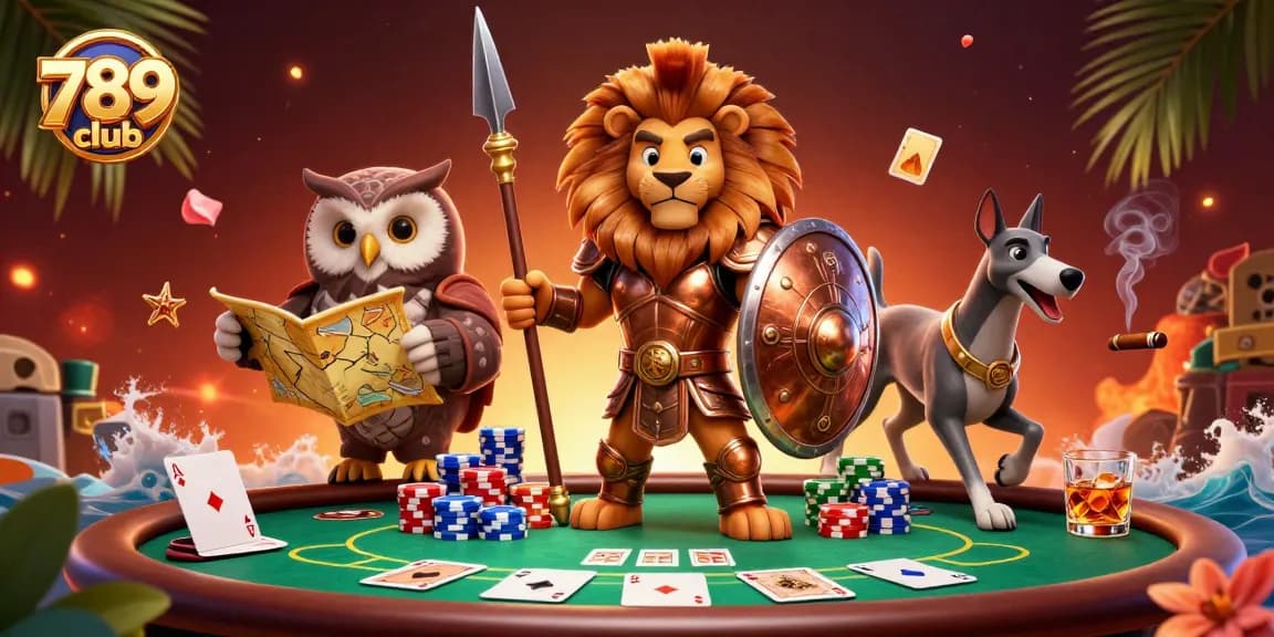 Engage with 789club in this dynamic 3D scene showcasing poker action with vibrant characters and lavish game elements.