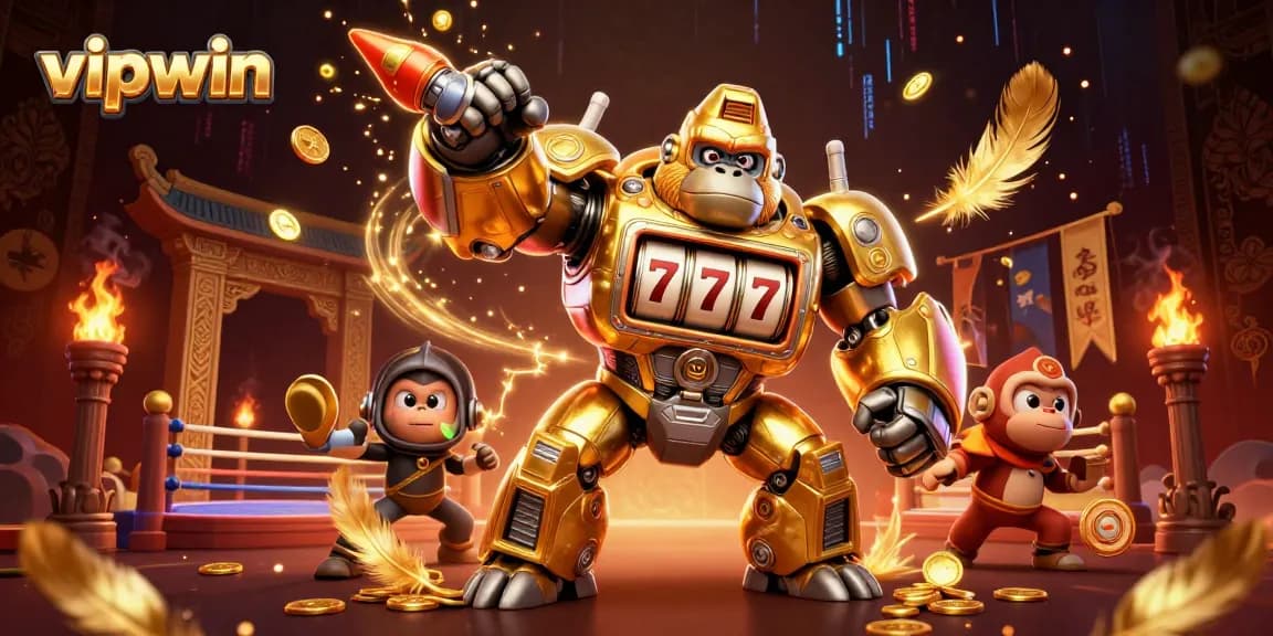 Experience exhilarating gaming at vipwin with a dynamic 3D gorilla mech surrounded by casino elements.