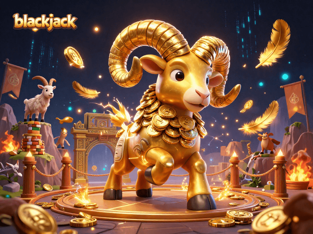 Experience thrilling blackjack action with a powerful golden ram charging through a vibrant casino scene.