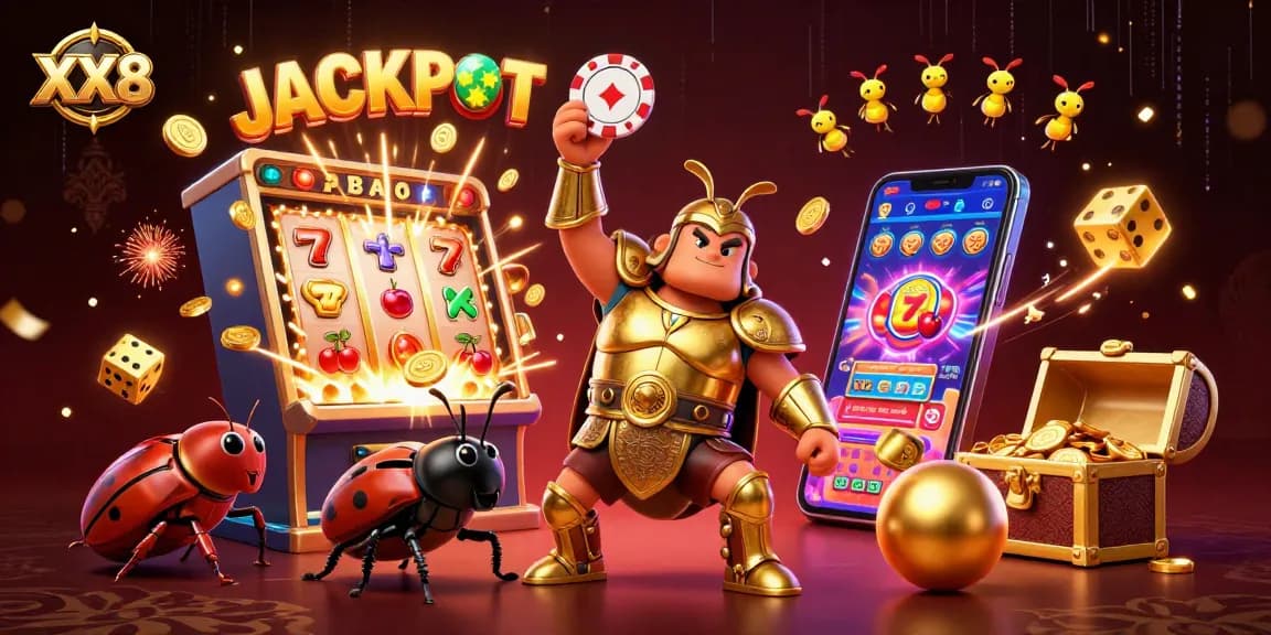 Experience big wins at XX8 with a vibrant 3D casino illustration showcasing gaming elements and a victorious hero.