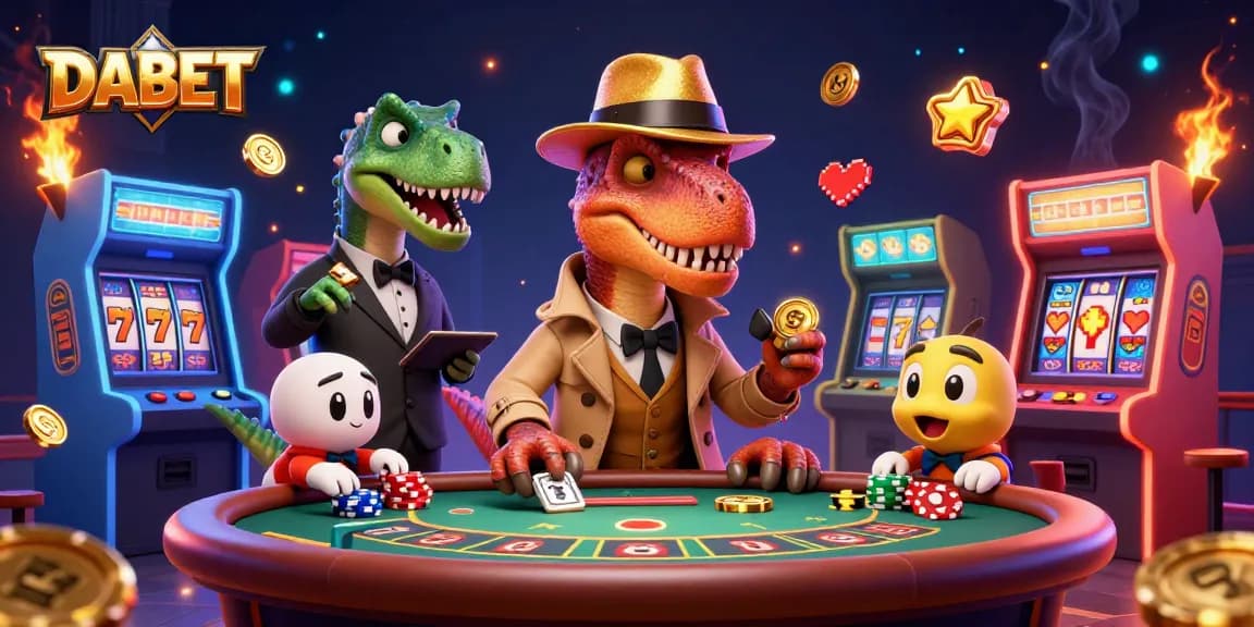 DABET captivates gamblers with a vibrant casino scene of animated dinosaurs at a blackjack table.