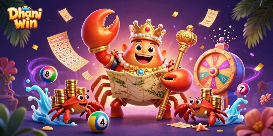 Dhani win gaming scene featuring a crab emperor holding scepter and treasure map surrounded by exciting game elements.
