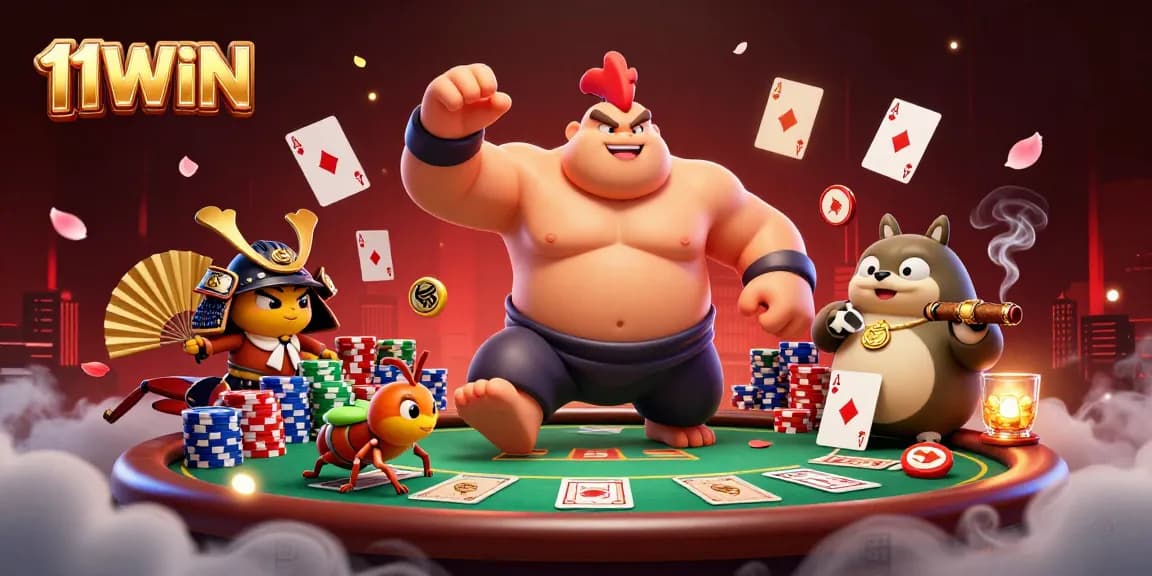 11WIN showcases an energetic poker scene with a powerful rooster sumo wrestler and samurai cricket.